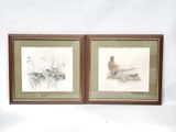 deux gravures encadrées représentant des faisans et un faisan perché au sol