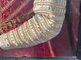 a picture of a painting of a woman in a red dress