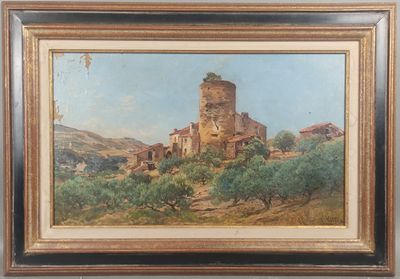 une peinture à l'huile représentant un château sur une colline, avec des oliviers au premier plan