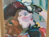 an image of a painting of a woman with a hat and a teddy bear