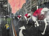a painting of a man riding a horse down the street