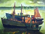 une peinture représentant un bateau posé sur l'eau