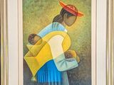 painting of a woman in a blue dress and a red hat holding a yellow umbrella