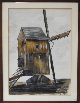 painting of a windmill in a frame on a wall