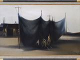 an image of a painting of a boat on a beach in the sand