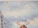 a painting of a windmill in the middle of a city
