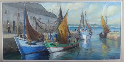 un tableau représentant des bateaux sur l'eau, près du rivage