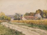 tableau représentant une route de campagne avec une ferme au loin