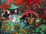 a painting of a painting of a bridge over a pond