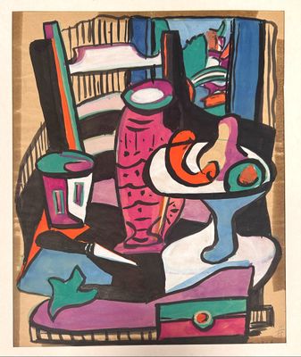 a picture of a painting of a vase on a table