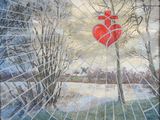 a painting of a broken window with a broken heart on it