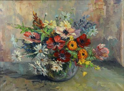 une peinture représentant un vase de fleurs sur une table