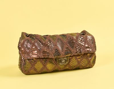 pochette en peau de serpent sur fond jaune, avec un espace réservé au texte