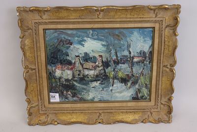 an image of a painting of a village in a gold frame