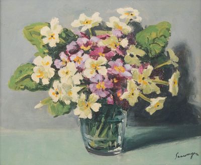 a painting of flowers in a glass vase on a table
