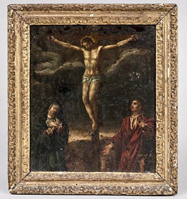une vieille peinture représentant Jésus sur la croix avec d'autres personnes