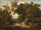 an image of a painting of a man riding a horse down a dirt road