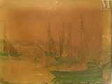 tableau représentant des bateaux sur l'eau, avec une montagne en arrière-plan