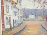une peinture représentant une rue bordée de bâtiments de part et d'autre