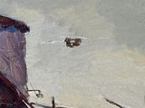 a painting of a boat and a plane flying in the sky
