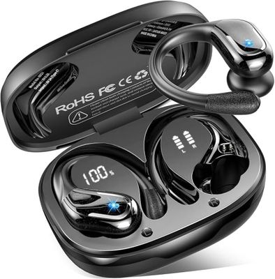 une paire d'écouteurs Bluetooth dans un étui noir