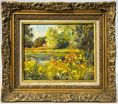 une peinture à l'huile représentant un paysage avec des fleurs jaunes, dans un cadre doré