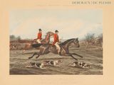 un tableau représentant deux hommes à cheval, avec des chiens en arrière-plan