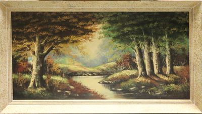 an oil painting of a stream running through a forest with trees
