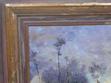 an oil painting of trees in a field with a sky in the background