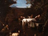 une image représentant un tableau où figurent des personnes et des animaux dans un environnement boisé