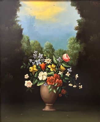 une peinture représentant un vase de fleurs sur une table
