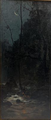 an image of a painting of a man in a boat on a river