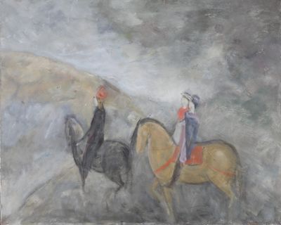 un tableau représentant deux personnes à cheval dans la neige