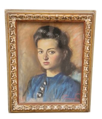 an oil painting of a woman in a blue dress in a gold frame