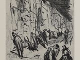 une image représentant un dessin d'un groupe de personnes marchant dans une rue