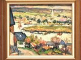 an oil painting of a landscape with a church and a river