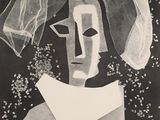 painting of a woman with a veil on her head in a black and white photo