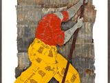 a collage of a man with a stick and yellow pants
