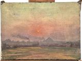 painting on easel of a landscape with a sunset in the distance
