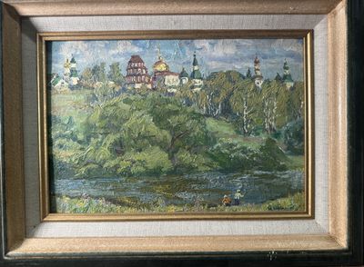 an oil painting of a church on a hill with a river in the foreground