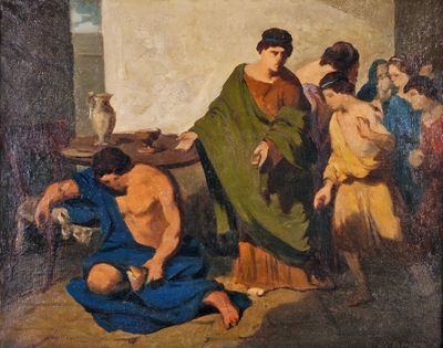 tableau représentant un homme agenouillé devant un groupe de personnes
