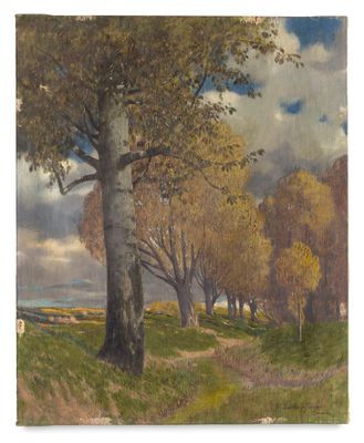 une image représentant un tableau montrant des arbres dans un champ, avec le ciel en arrière-plan