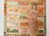une image représentant un tableau où l'on voit une femme debout devant un étal de fruits