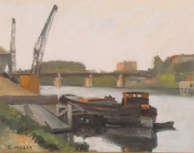 une peinture d'un bateau sur l'eau près d'un pont