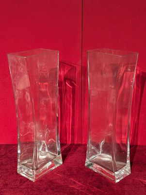 une paire de vases en verre transparent posés sur un fond de velours rouge