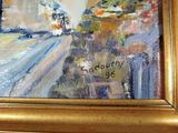 a picture of a painting of a train going down the tracks