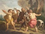 un tableau représentant un groupe d'hommes armés de lances et un chien