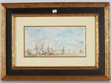 an image of a painting of people on a beach with a house in the background
