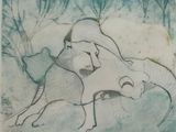 a drawing of an elephant and a woman laying on the ground