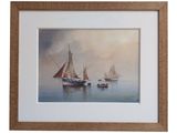 painting of three sailboats in the water with a sky background